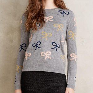 Anthropologie “Trimmings Pullover” Grey Sweater Colorful Bows Back Buttons